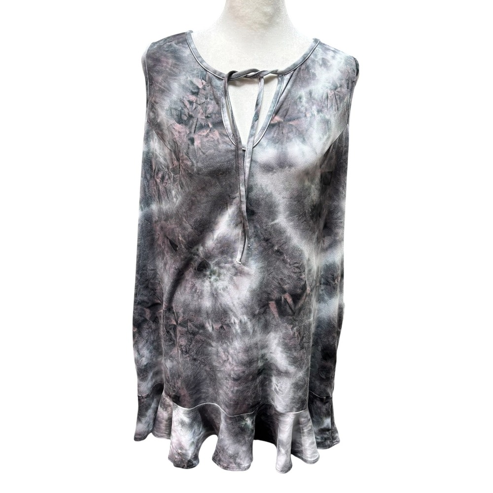 J. Valdi Tie Dye Sleeveless Mini Dress Grey Ruffle Hem Keyhole Pockets #92